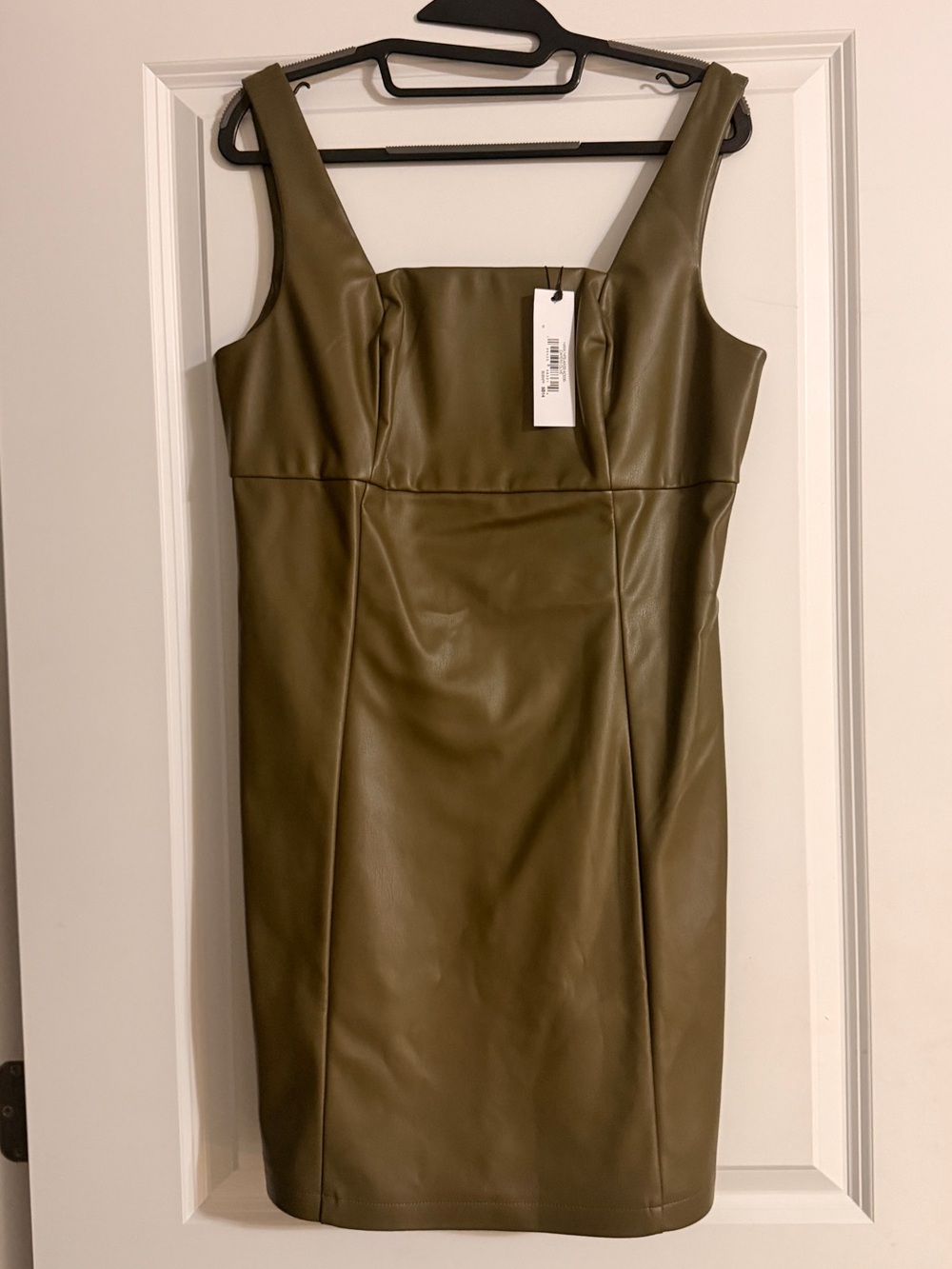Faux Leather Olive Midi Sheath Dress with Square Neckline